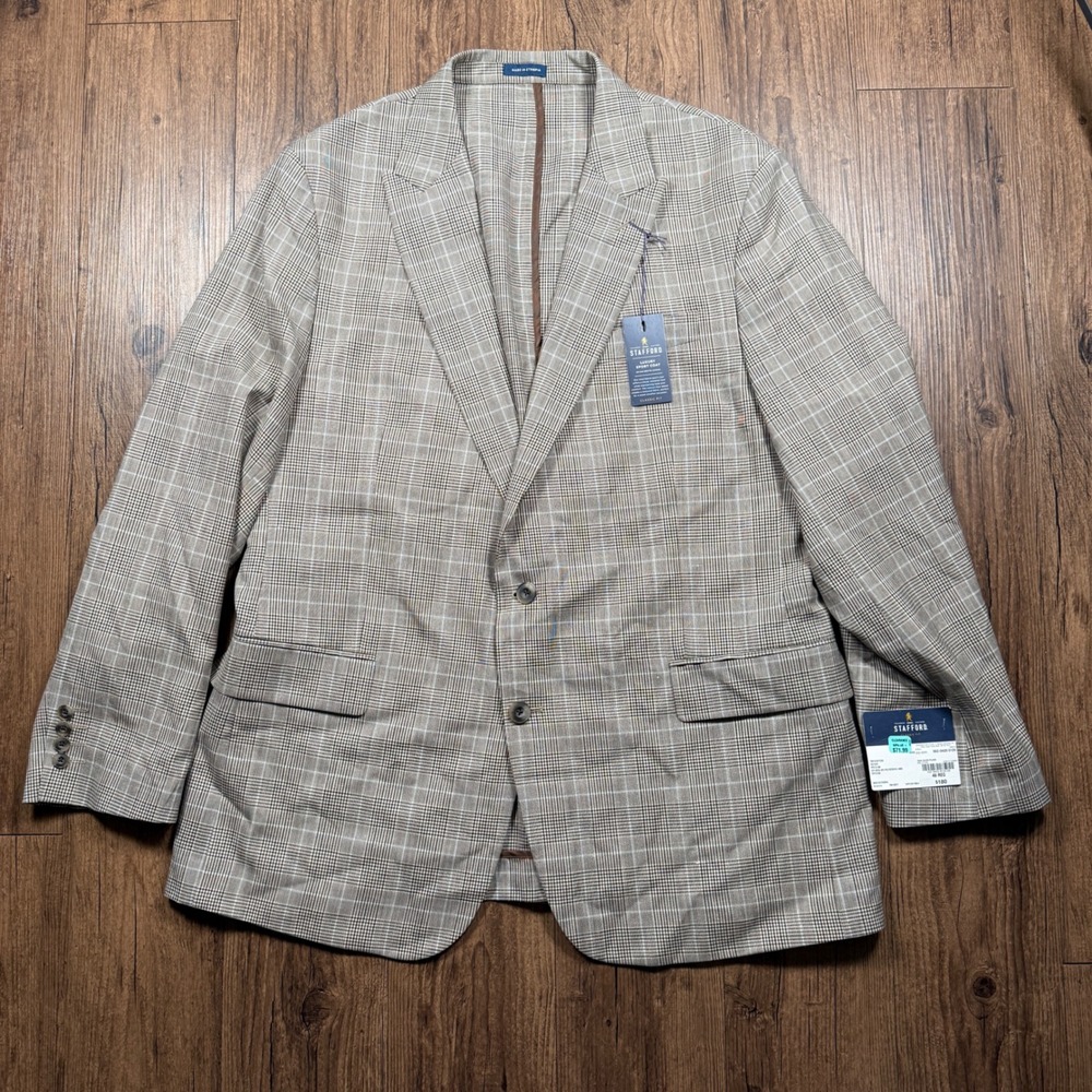 Stafford Luxury Sport Coat Men 46R Brown Glen Plaid Linen Blend Unstructured NWT